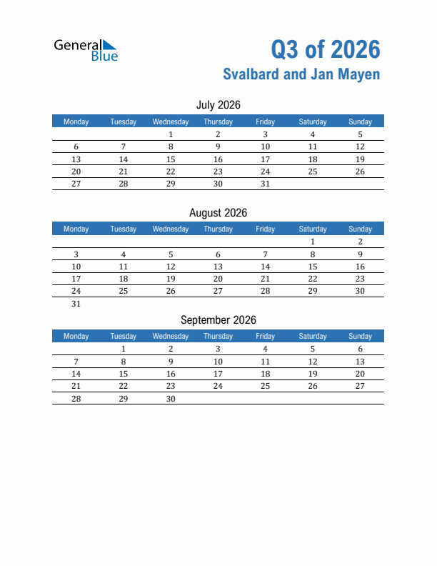 Svalbard and Jan Mayen Q3 2026 Quarterly Calendar with Monday Start