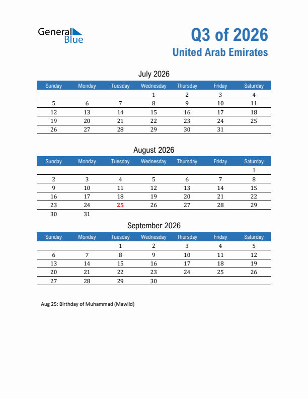 United Arab Emirates Q3 2026 Quarterly Calendar with Sunday Start