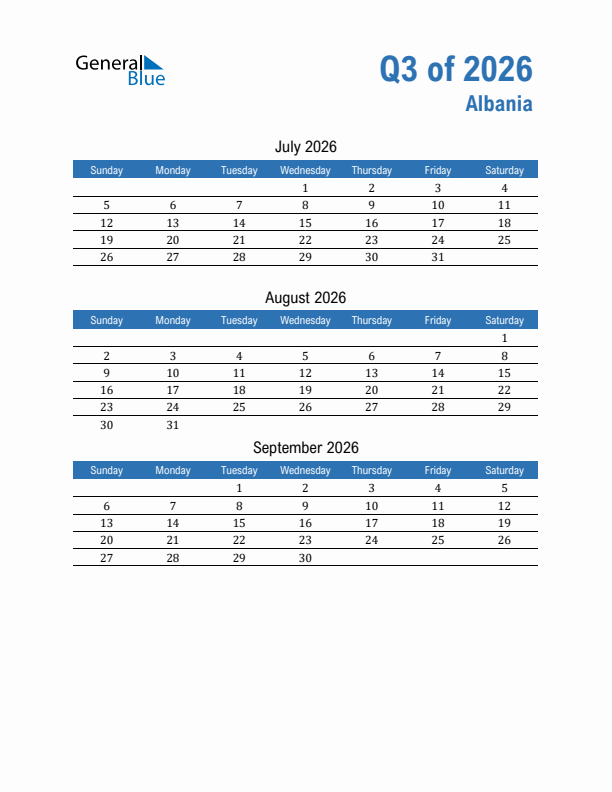 Albania Q3 2026 Quarterly Calendar with Sunday Start