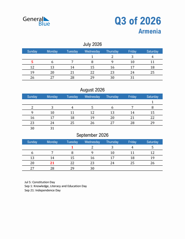 Armenia Q3 2026 Quarterly Calendar with Sunday Start