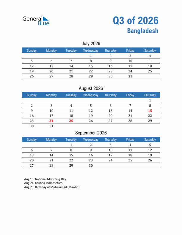 Bangladesh Q3 2026 Quarterly Calendar with Sunday Start