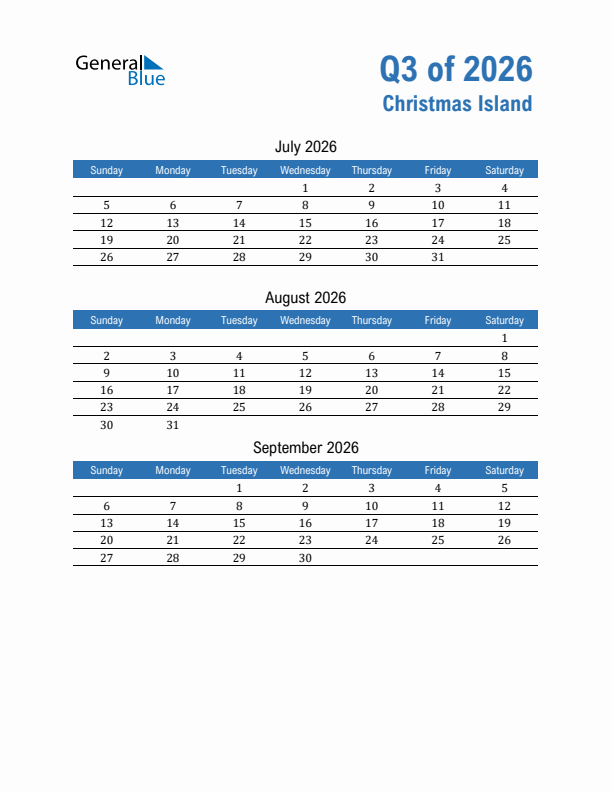 Christmas Island Q3 2026 Quarterly Calendar with Sunday Start