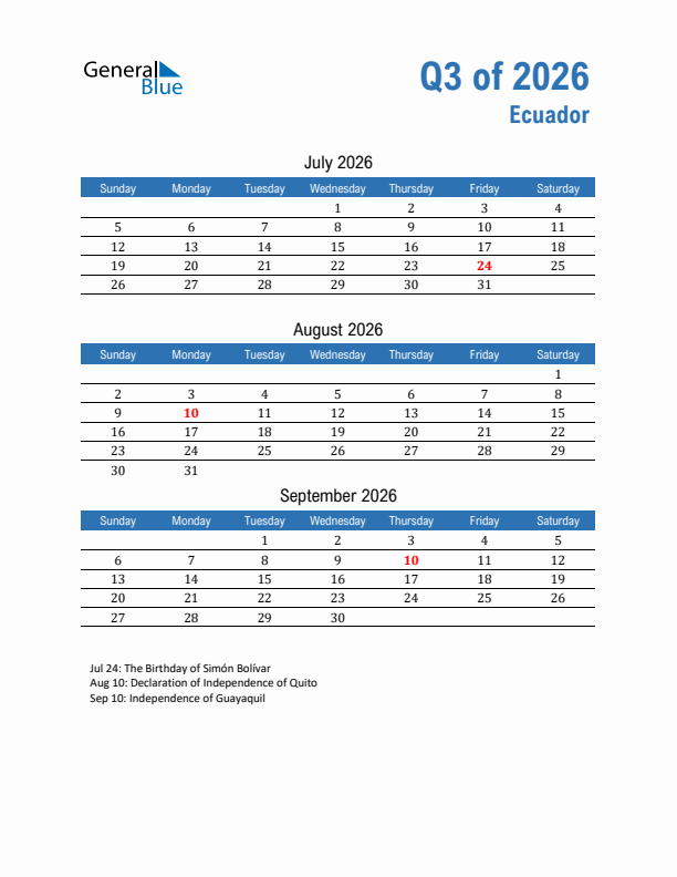 Ecuador Q3 2026 Quarterly Calendar with Sunday Start