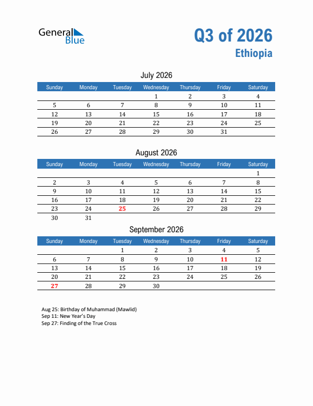 Ethiopia Q3 2026 Quarterly Calendar with Sunday Start