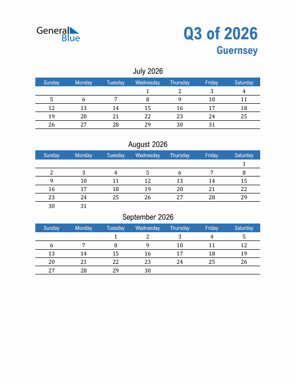 Guernsey Q3 2026 Quarterly Calendar with Sunday Start