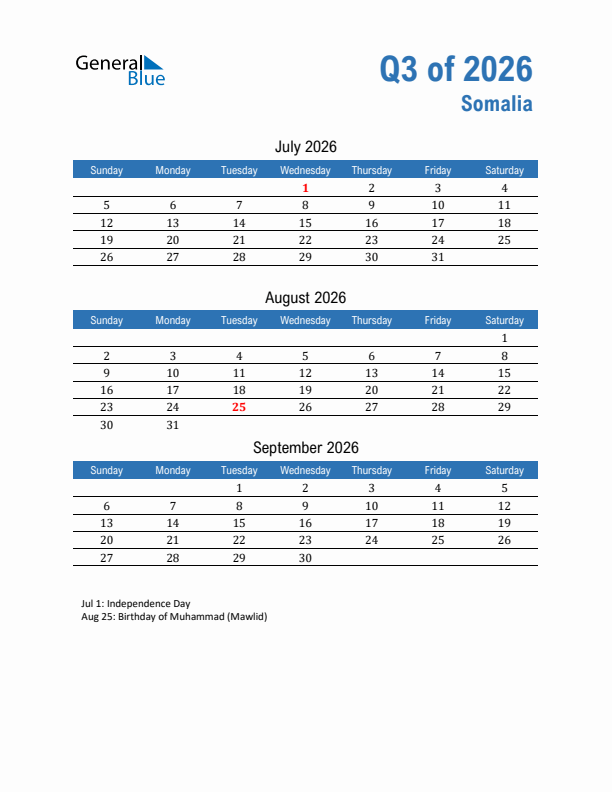 Somalia Q3 2026 Quarterly Calendar with Sunday Start