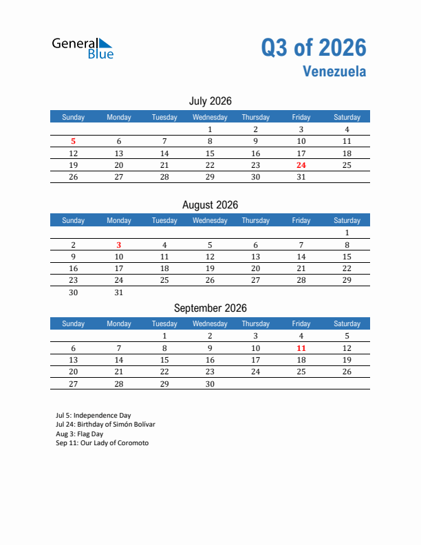 Venezuela Q3 2026 Quarterly Calendar with Sunday Start