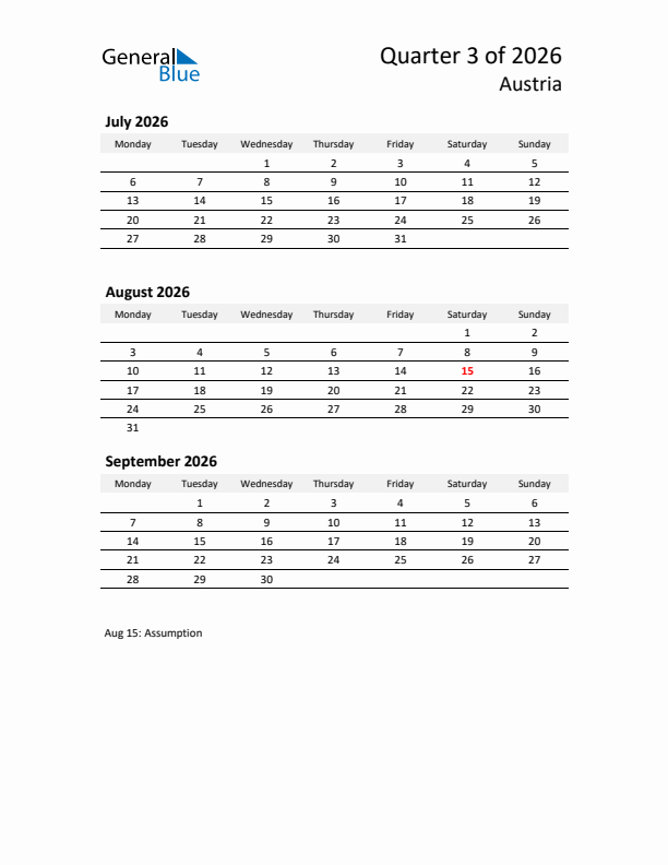 2026 Q3 Three-Month Calendar for Austria