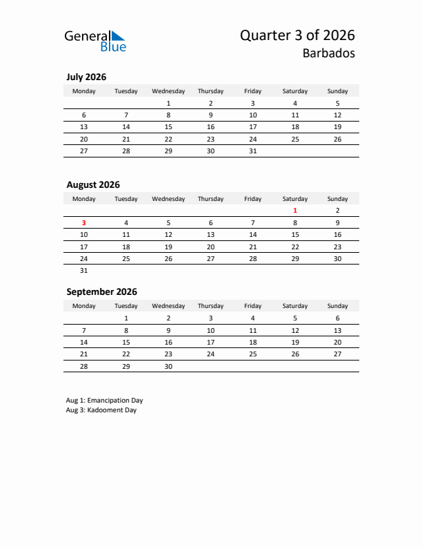 2026 Q3 Three-Month Calendar for Barbados