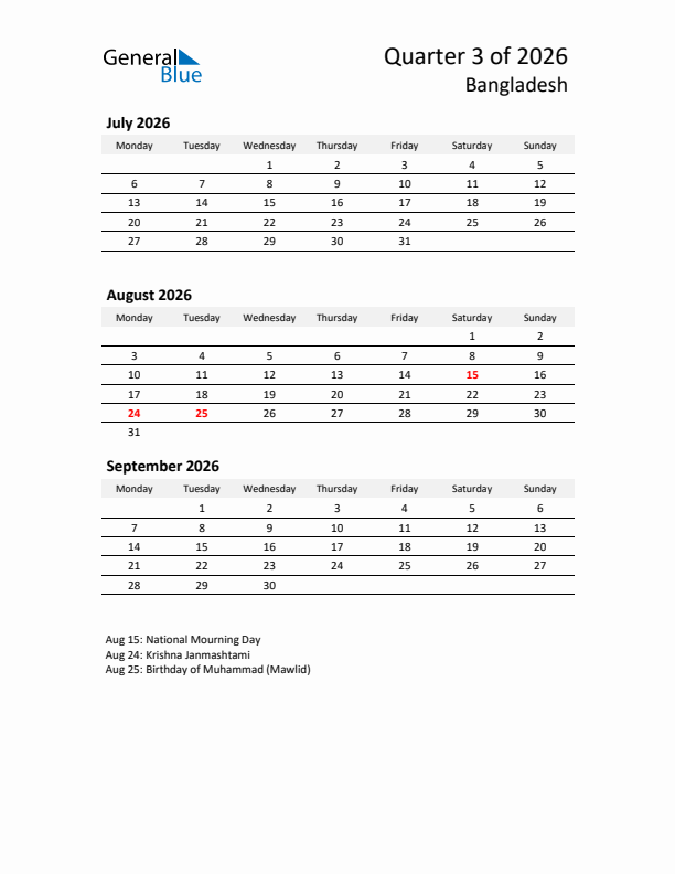 2026 Q3 Three-Month Calendar for Bangladesh