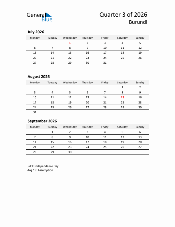 2026 Q3 Three-Month Calendar for Burundi