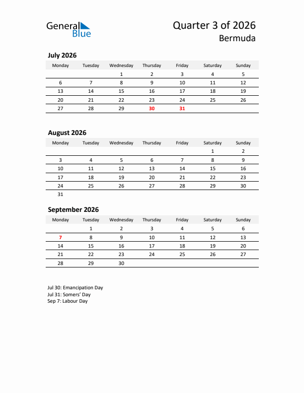 2026 Q3 Three-Month Calendar for Bermuda