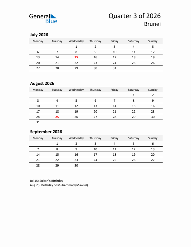 2026 Q3 Three-Month Calendar for Brunei