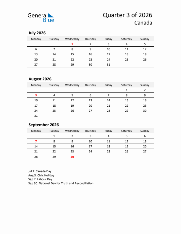 2026 Q3 Three-Month Calendar for Canada