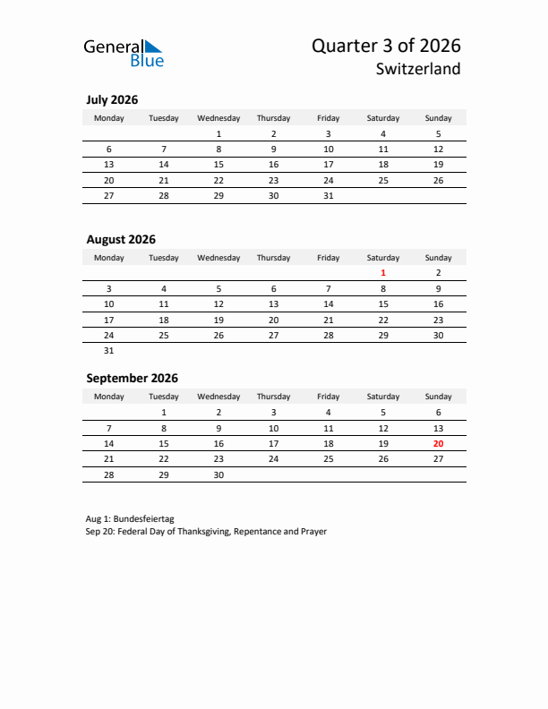 2026 Q3 Three-Month Calendar for Switzerland