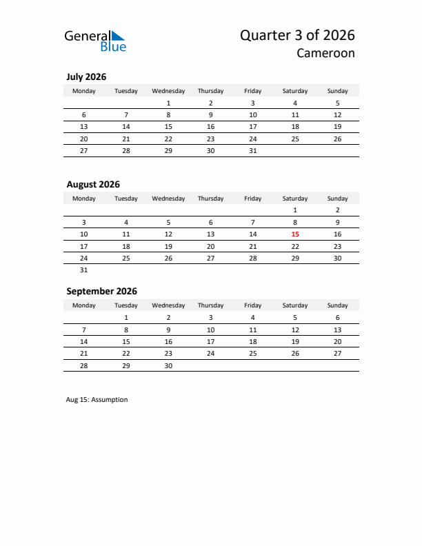 2026 Q3 Three-Month Calendar for Cameroon