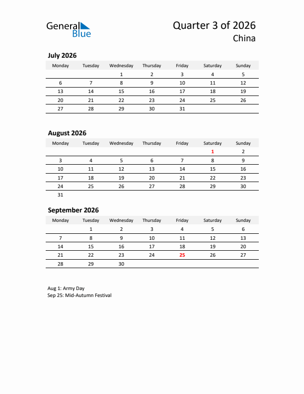 2026 Q3 Three-Month Calendar for China