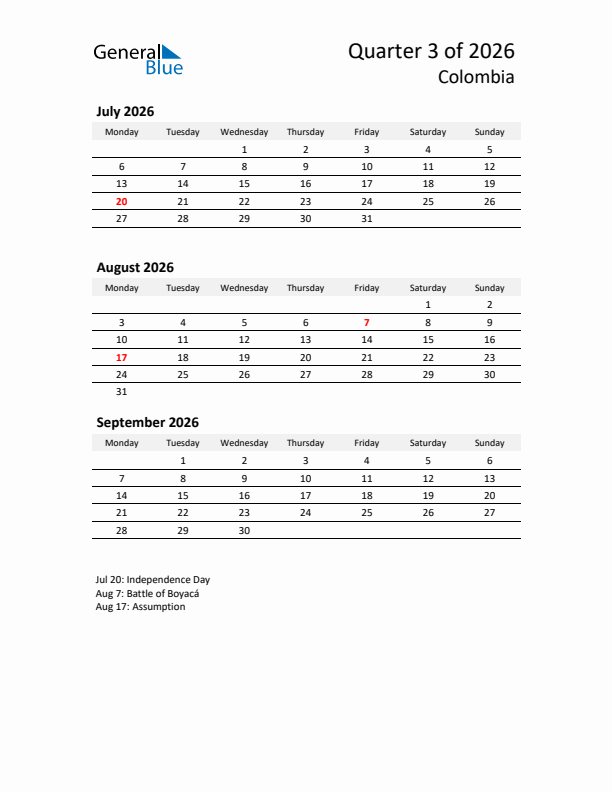 2026 Q3 Three-Month Calendar for Colombia