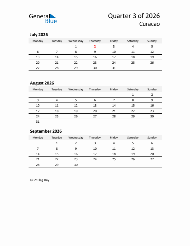 2026 Q3 Three-Month Calendar for Curacao