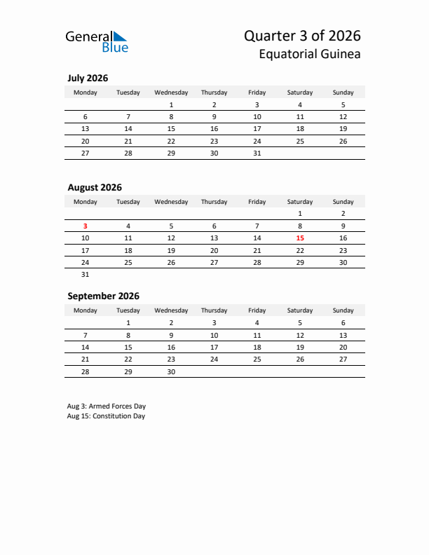 2026 Q3 Three-Month Calendar for Equatorial Guinea