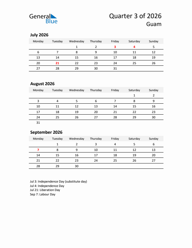 2026 Q3 Three-Month Calendar for Guam