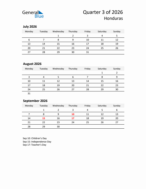 2026 Q3 Three-Month Calendar for Honduras