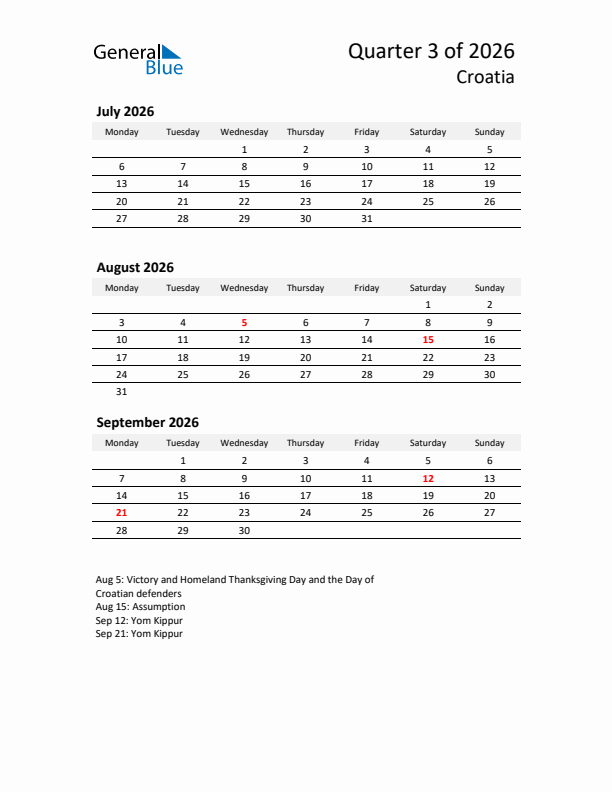 2026 Q3 Three-Month Calendar for Croatia