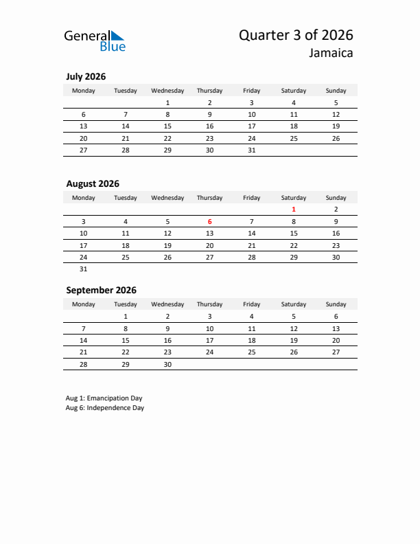 2026 Q3 Three-Month Calendar for Jamaica