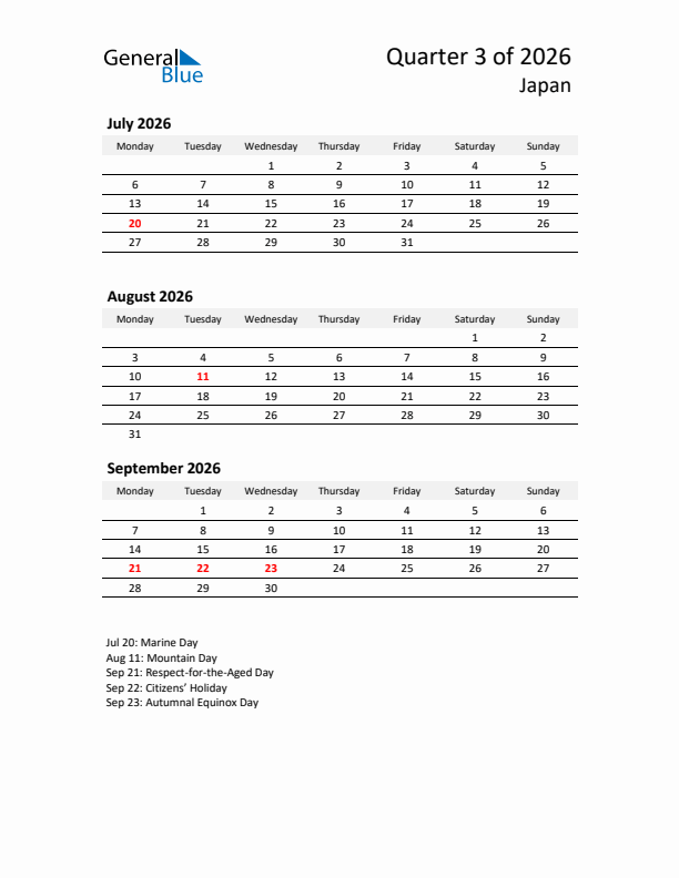 2026 Q3 Three-Month Calendar for Japan