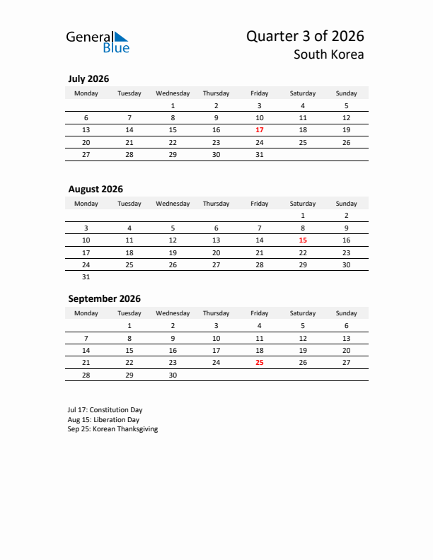 2026 Q3 Three-Month Calendar for South Korea