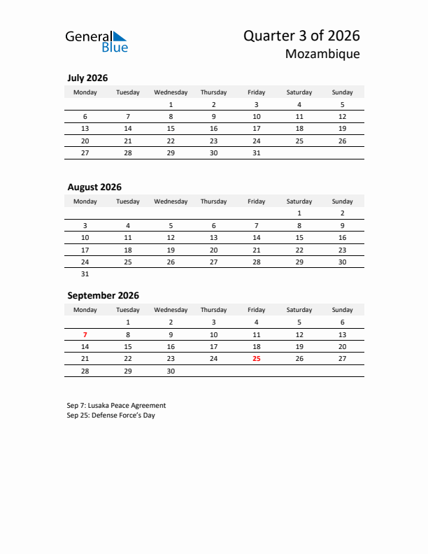 2026 Q3 Three-Month Calendar for Mozambique