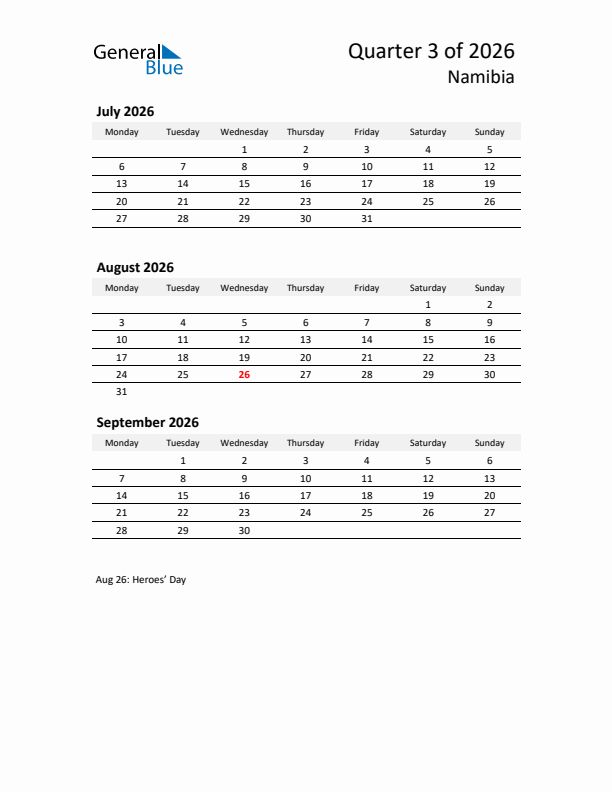 2026 Q3 Three-Month Calendar for Namibia