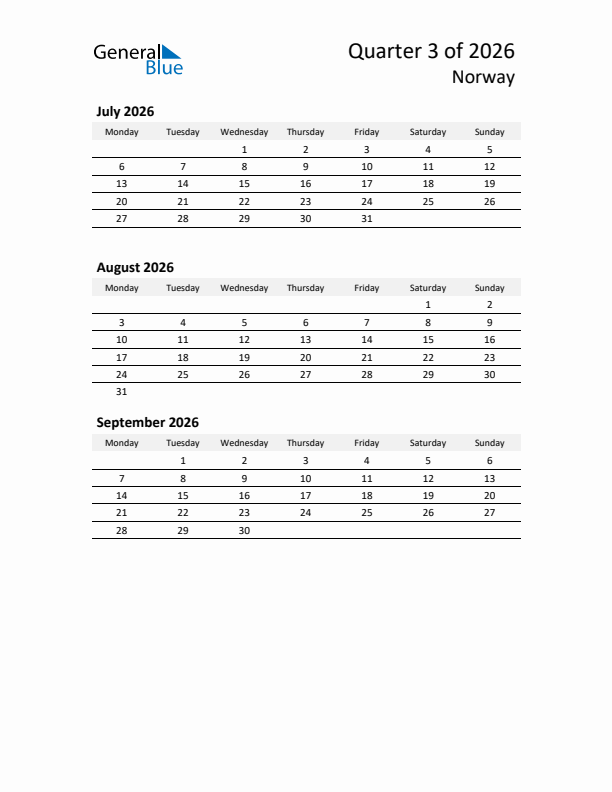 2026 Q3 Three-Month Calendar for Norway