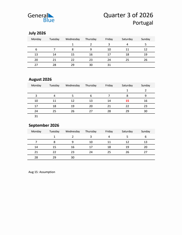 2026 Q3 Three-Month Calendar for Portugal