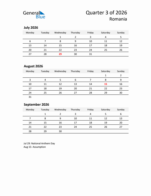 2026 Q3 Three-Month Calendar for Romania