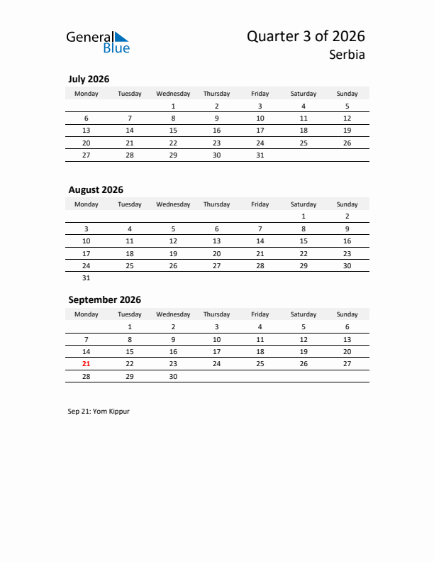 2026 Q3 Three-Month Calendar for Serbia