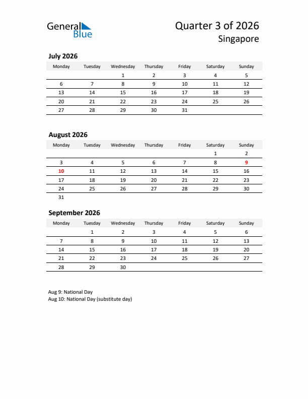 2026 Q3 Three-Month Calendar for Singapore