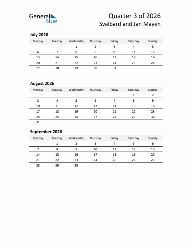 2026 Q3 Three-Month Calendar for Svalbard and Jan Mayen