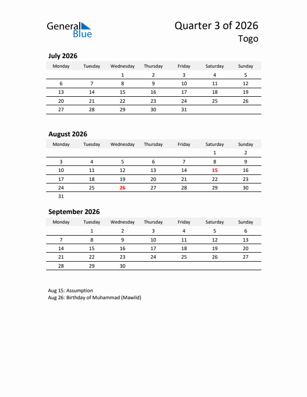 2026 Q3 Three-Month Calendar for Togo