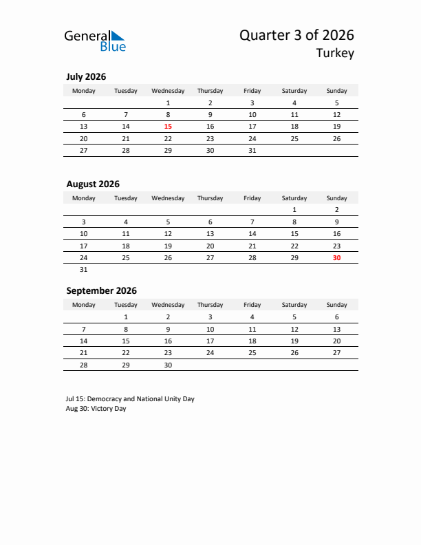 2026 Q3 Three-Month Calendar for Turkey