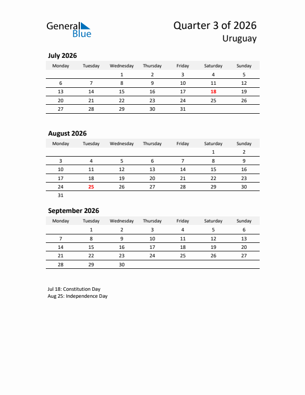 2026 Q3 Three-Month Calendar for Uruguay