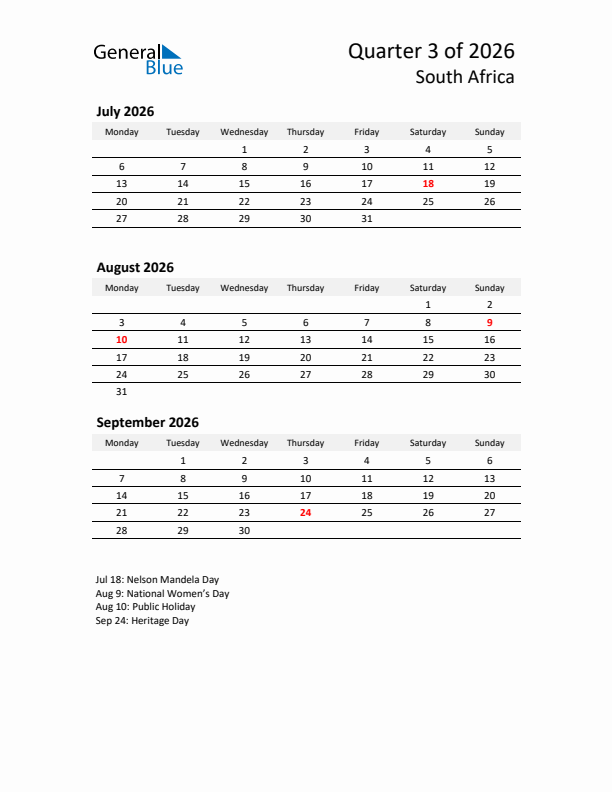 2026 Q3 Three-Month Calendar for South Africa