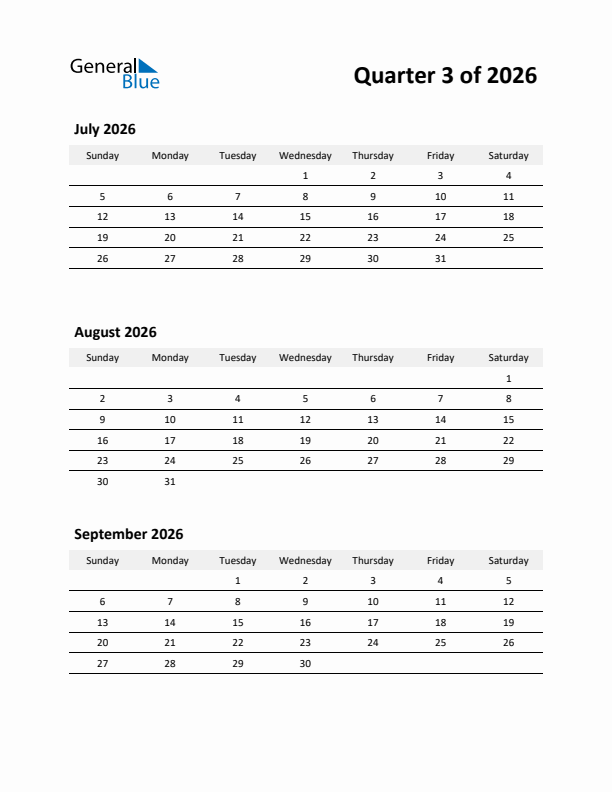 2026 Three-Month Calendar (Quarter 3)