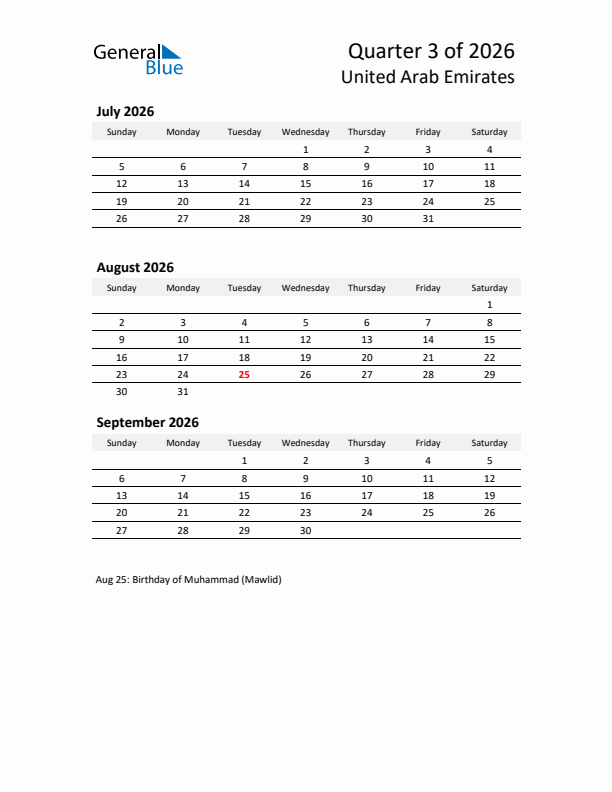 2026 Q3 Three-Month Calendar for United Arab Emirates