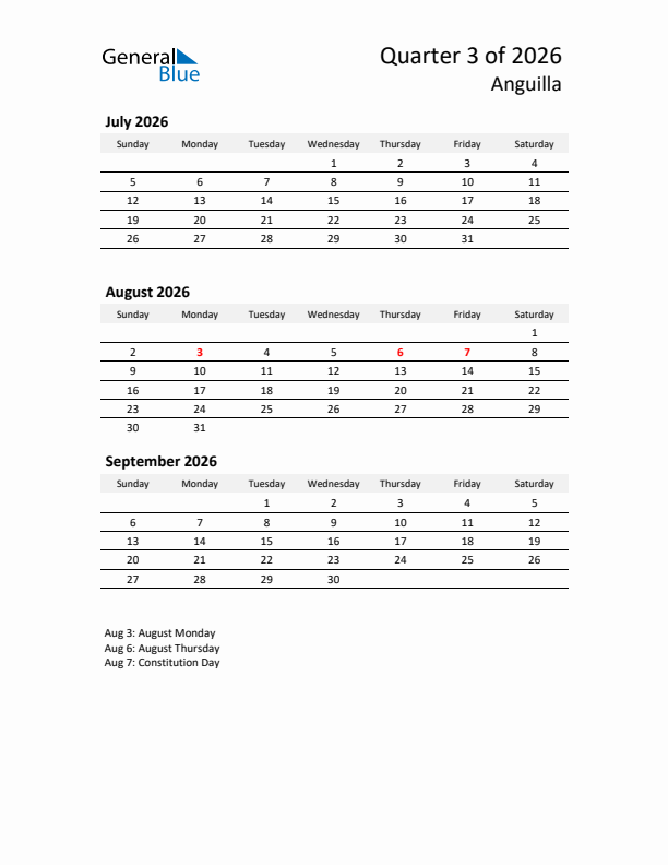 2026 Q3 Three-Month Calendar for Anguilla