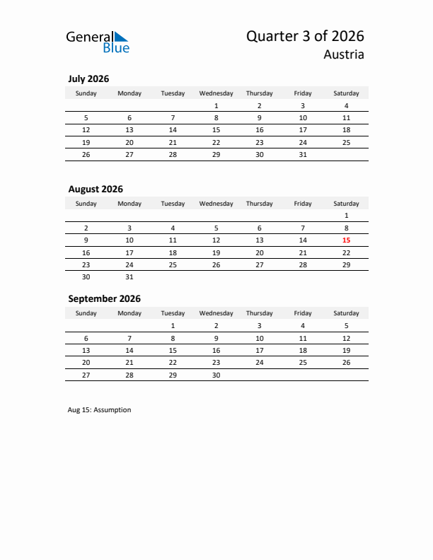 2026 Q3 Three-Month Calendar for Austria