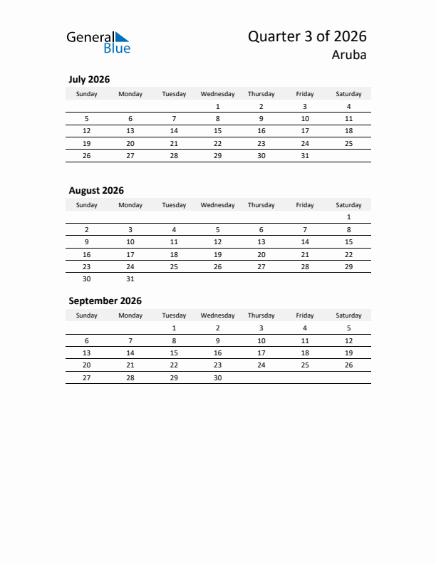 2026 Q3 Three-Month Calendar for Aruba