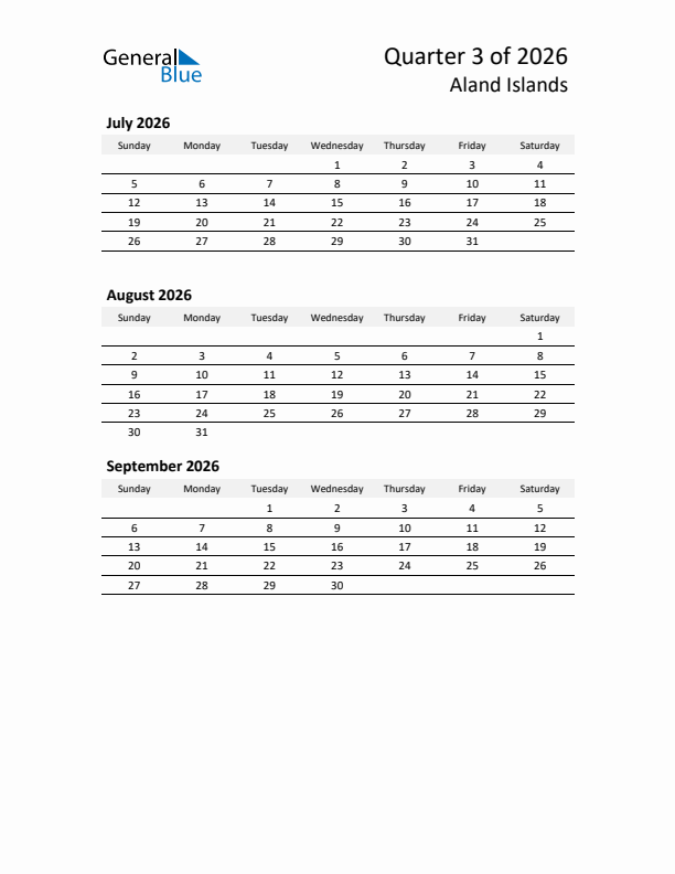 2026 Q3 Three-Month Calendar for Aland Islands