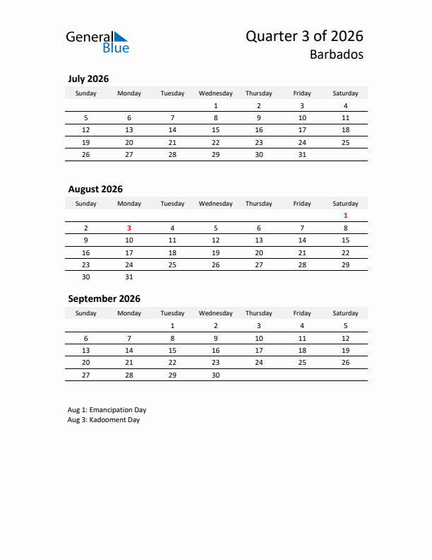 2026 Q3 Three-Month Calendar for Barbados