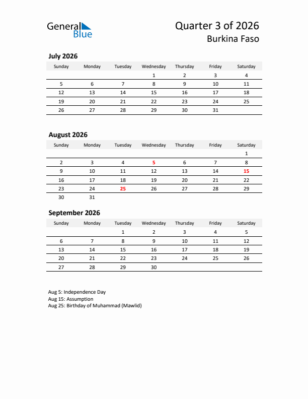 2026 Q3 Three-Month Calendar for Burkina Faso